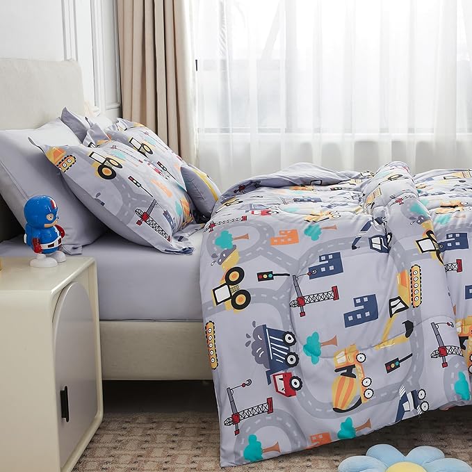 Mooreeke Kids Full Comforter Sets for Boys 8 Pieces Excavator Grey Bedding Set for Teens Soft Microfiber Kids Bed in A Bag with Comforter, Sheet Set, Shams and Decorative Toy Pillow All Season