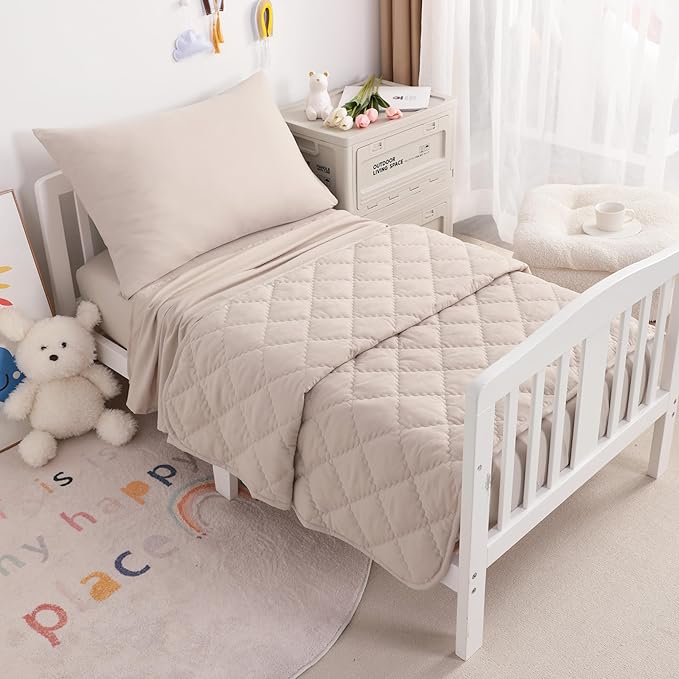 NTBAY Toddler Bedding Set - 4 Piece Soft and Breathable Crib Bedding Set for Boys and Girls, Includes Quilted Comforter, Fitted Sheet, Flat Top Sheet and Envelope Pillowcase, Taupe