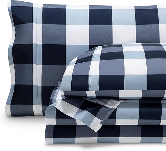 Bare Home Twin Sheet Set - 1800 Ultra-Soft Microfiber Double Brushed - Deep Pockets - Easy Fit - Extra Soft - 3 Piece Set - Bedding Sheets & Pillowcases (Twin, Gingham Blue)