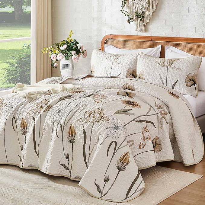 WONGS BEDDING Quilt Set Queen,Cute Floral Bedspread Coverlet Set,3 Pieces Brown Quilts Bed Cover,Lightweight Farmhouse Floewr Quilts Summer Bedding Set for All Season(96"x90")