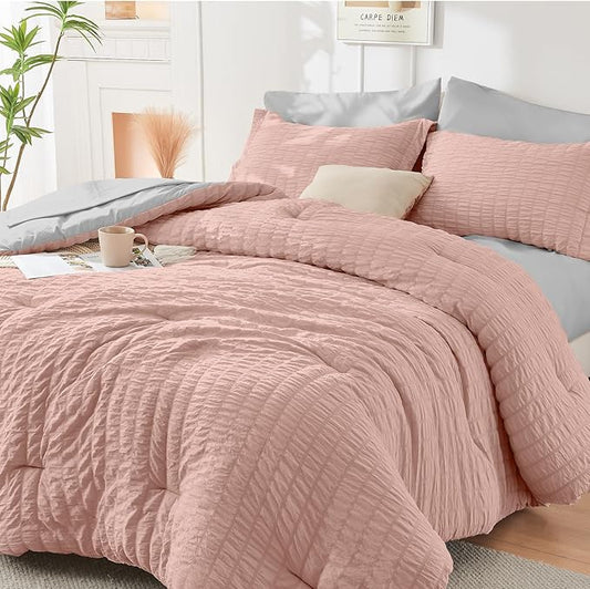 HYMOKEGE Rose Gold/Light Grey Full Size Comforter Sets Seersucker 7 Pieces, All Season Luxury Bed in a Bag for Bedroom, Bedding Set with Comforter, Sheets, Pillowcases & Shams
