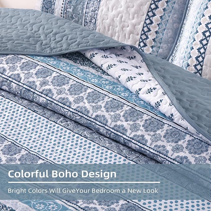 WONGS BEDDING Boho Quilt Set Queen Size,Blue Bohemian 3 Pieces Quilt Sets, Lightweight Bedspread Coverlet Bedding Set for All Season (96"x90")