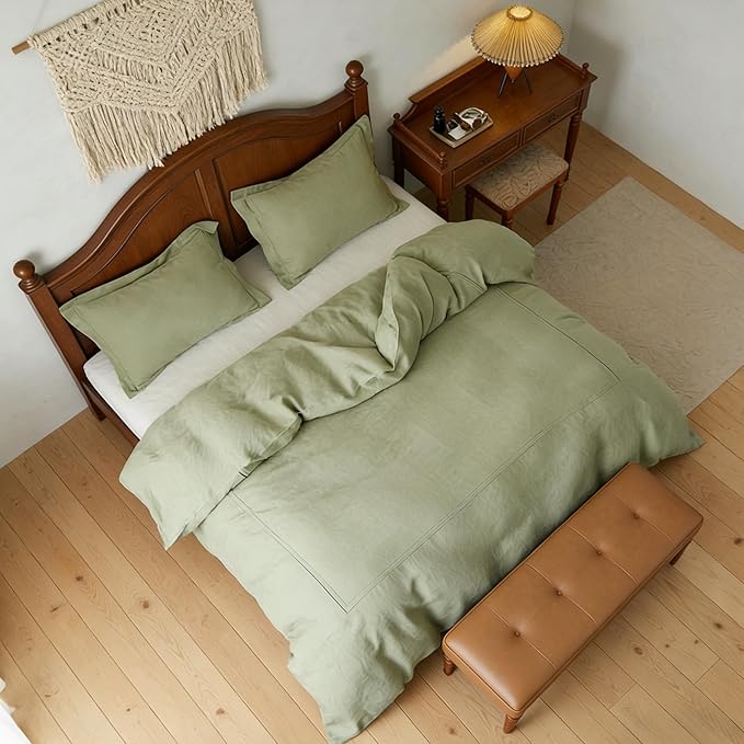 Simple&Opulence 100% Washed Linen Duvet Cover Set 104"x92" - 3 Pieces Soft Farmhouse Comforter Set Double Embroidered with Button Closure - 1 Duvet Cover and 2 Pillowshams (Sage Green, King)