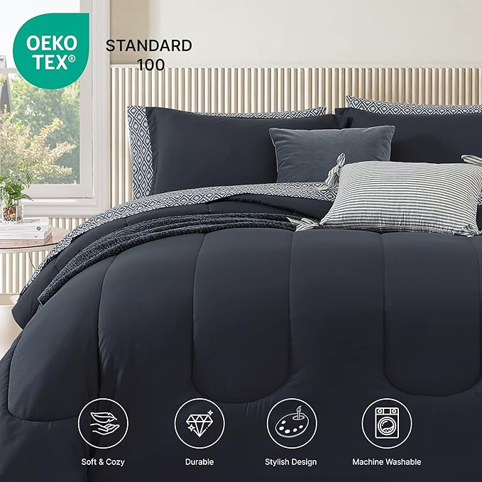 Monbix King Size Comforter Set - 7 Pieces Bed in a Bag King, Blue Grey Track Stitching Bedding Sets with Comforter, All Seasons Comforter Bed Set with Sheets, Pillowcases & Shams