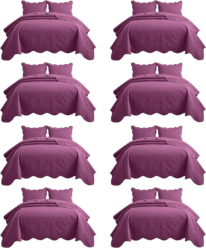 IR Imperial Rooms 8 Pack Quilt King Size Bedding (106" x 96") - Bulk Wholesale for Hotels, Guest Bedroom & Airbnbs - Lightweight Microfiber Reversible Floral Embossed Quilts Bedspreads (Purple)