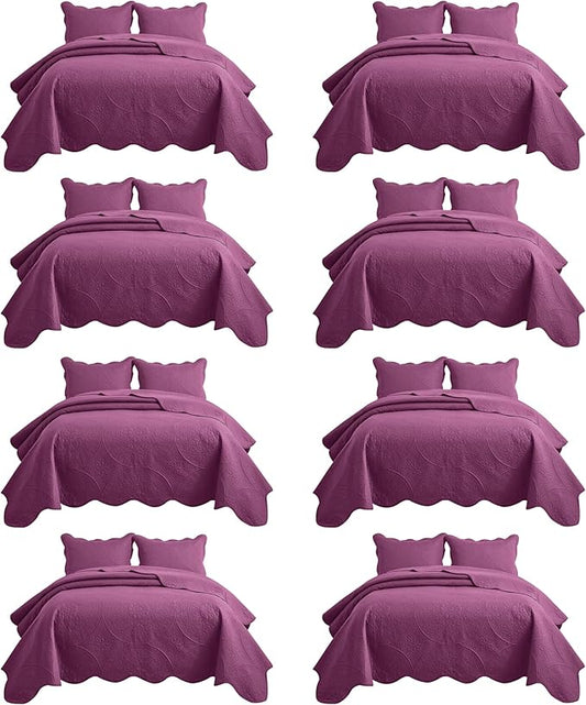 IR Imperial Rooms 8 Pack California King Quilt Bedding Set (118"x106") - Bulk Wholesale for Hotels, Guest Bedroom & Airbnbs - Microfiber Reversible Floral Embossed Quilts Bedspreads (Purple)