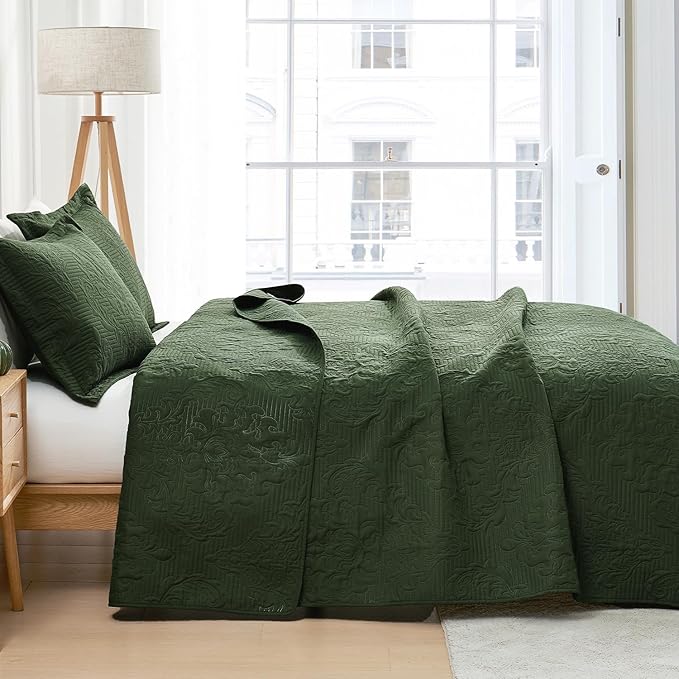 Hansleep Olive Green Quilt Queen Size - Damask Ultrasonic All Season Bedspread Queen, Soft Lightweight Coverlet Bedding Set, 3 Pieces (1 Quilt, 2 Pillow Shams)
