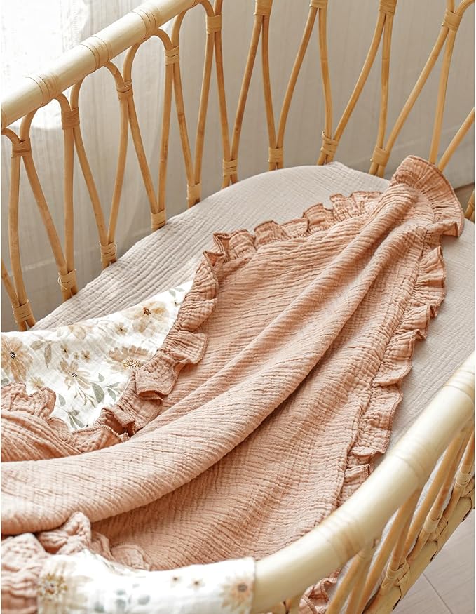 Konssy Flounce Muslin Baby Blankets, Cotton Crib Blanket for Baby Infant Toddler, Super Soft and Lightweight Nursery Blankets 40"x36" (Flourish)
