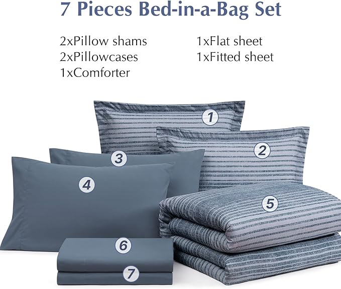 Queen Comforter Set Striped, Lake Blue Bedding Set 7 Pieces for Boys Girls Teen, All Season Bed in a Bag for Dorm with Sheets, Pillowcases & Shams