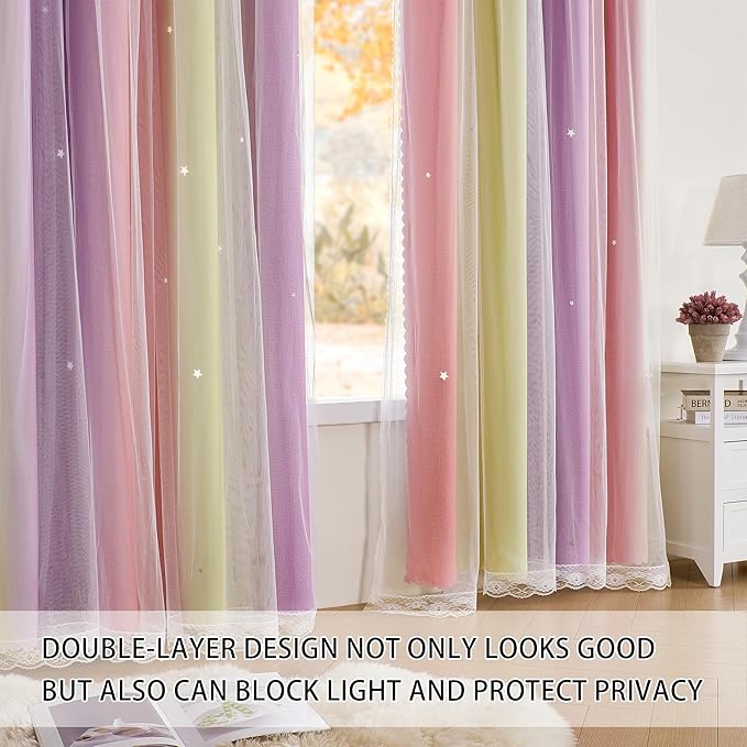 XiDi Pink Yellow Curtains for Girls Bedroom Decor Kids Blackout Curtains for Nursery Room Darkening Rainbow Princess Unicorn Wall Decals Little Girl Pink Yellow Purple 52x45 Inches Long 2 Panels Set
