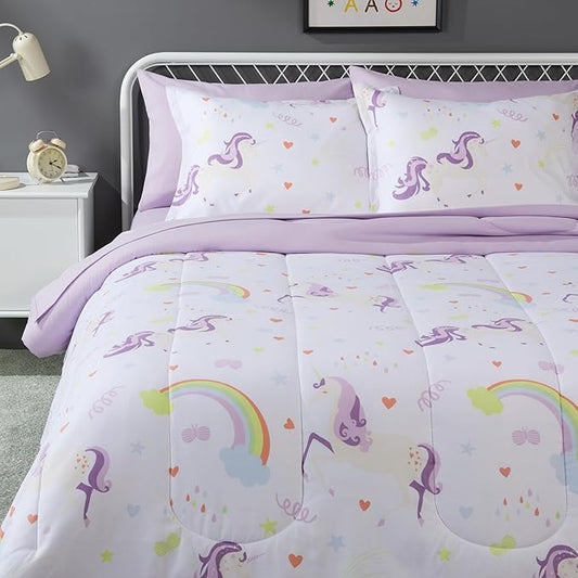 Amazon Basics 7-Piece Soft, Easy-Wash Microfiber Kid's Bed-in-a-Bag Bedding Set with Sheet and Comforter, Full/Queen, Unicorn Print