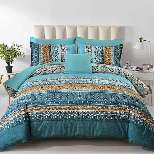 Cottolester Boho Queen Comforter Set 8 Pieces,Teal and Yellow Bohemian Comforter Paisley Striped Bed in A Bag,Soft Microfiber Bedding Set for All Season