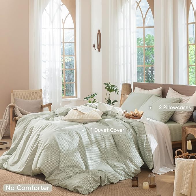 MooMee Striped Duvet Cover Set 100% Washed Cotton Linen Like Textured Breathable Durable Soft Comfy (Sage Green White Pinstripes, Palatial King/Oversized King 120"x98")