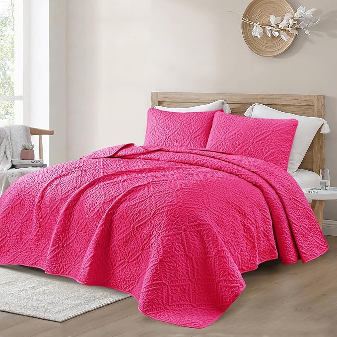 Exclusivo Mezcla Queen Quilt Bedding Set, Lightweight Soft Bedspreads Coverlets with 2 Pillow Shams, Modern Hot Pink Quilts Queen Full Size for All Seasons