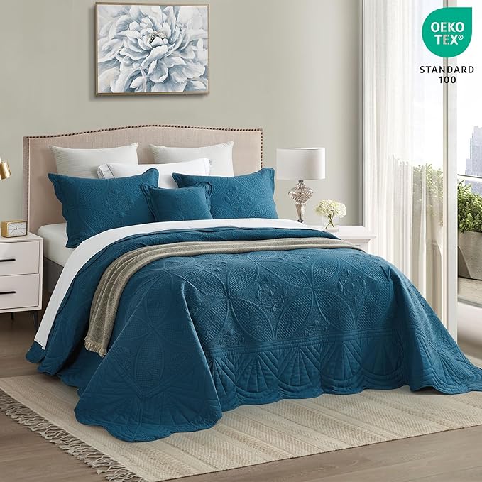 Bedspread - Full Size Bedding Cover - Modern & Contemporary Coverlet Set, Real Stitching, Reversible, Lightweight, 5 Piece, Blue