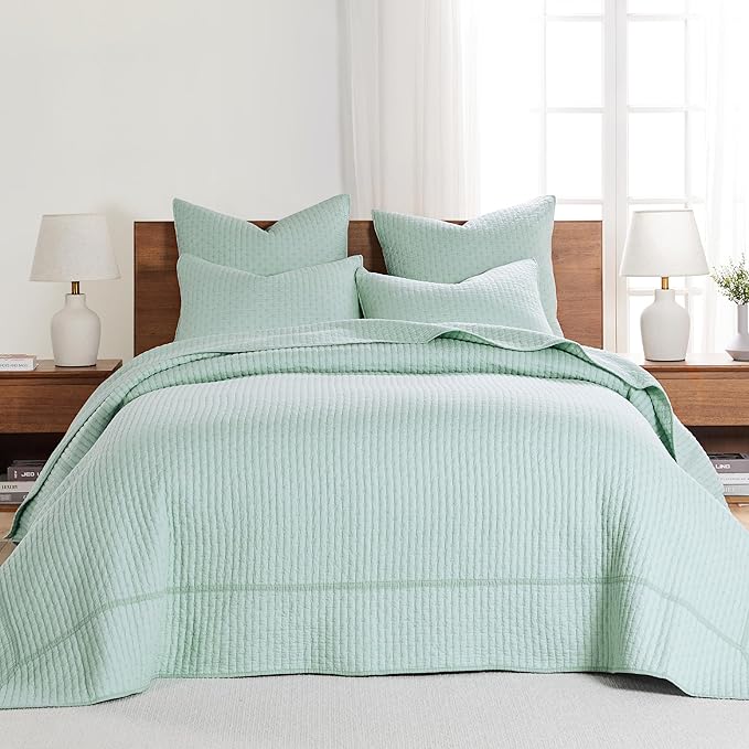 Levtex Home Cross Stitch Reversible Twin Bedspread Set (84x104in) with 1 Pillow Sham (26x20in) - Stitch Texture - Blue Haze - Cotton Twin Size Bedspread Set - Lightweight, Soft, Pre-Washed