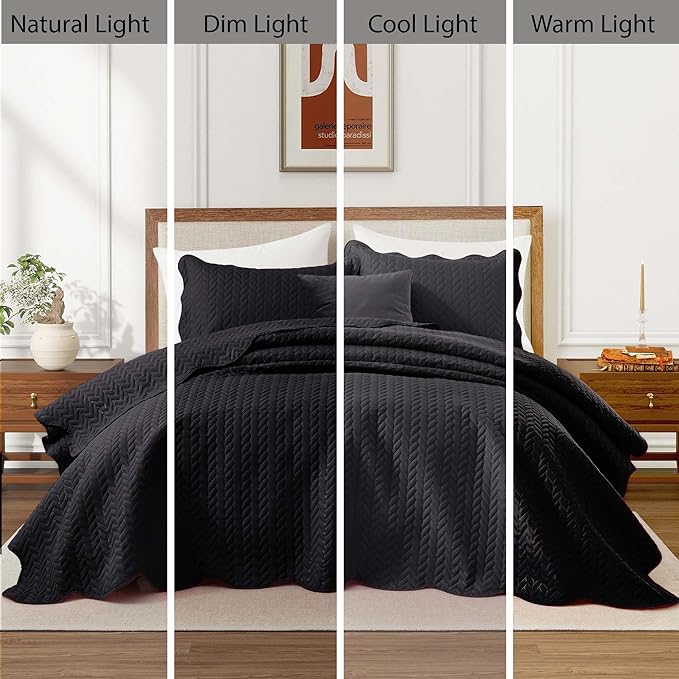 MOONLIGHT20015 Bedspreads Quilts Queen Size Bedding Set (90" x 96") - 2 Pillow Shams (20" x 26"+ 2") - 3 Pcs All Season Lightweight Reversible Microfiber Coverlet Embossed Quilt Bedspreads (Black)