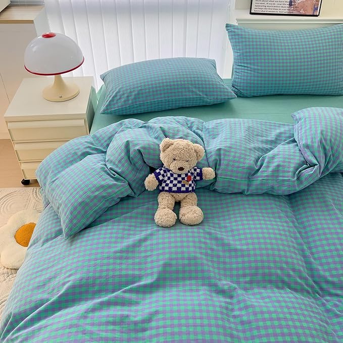 LifeTB Twin XL Comforter Set Green Gingham Bedding Comforter with 2 Pillowcases Geometric Checkered Plaid Comforter Set for All Season Green Purple Grid Printed Fluffy Soft Lightweight Bedding Set