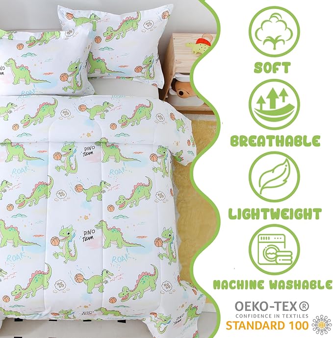 Yibeizi Full Size Bed Comforter Sets, Kids Lightweight All-Season Comforter Set Cute Dinosaur Pattern Microfiber Breathable Hypoallergenic Soft Oeko-Tex Bedding Comforter Sets