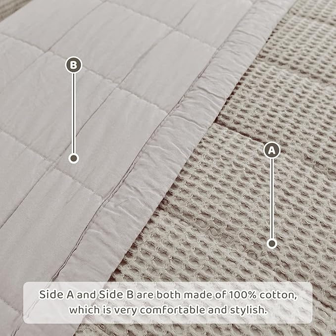 Sanracie Cotton Quilt King(110"x98"), Dark Khaki Colored Waffle Weave Quilt Set 3Pcs Soft Lightweight Breathable Farmhouse King Size Bedding Coverlet for All Seasons