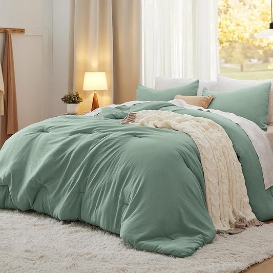 Bedsure Full Comforter Set, Sage Green Soft Prewashed Bedding for All Seasons, 3 Pieces GentleSoft™ Bed Set, 1 Lightweight Comforter (82"x86") and 2 Pillowcases (20"x26")