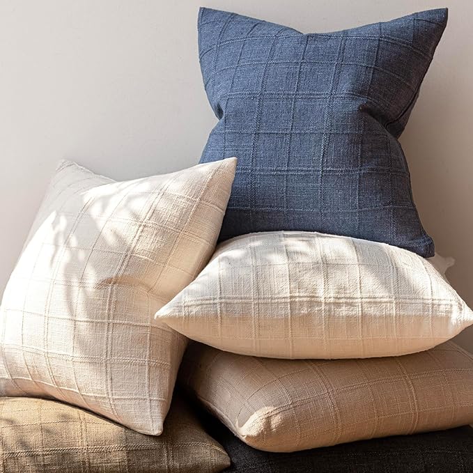 Foindtower Set of 2 Decorative Linen Check Throw Pillow Covers Neutral Farmhouse Lumbar Cushion Covers Modern Coastal Boho Home Decor for Sofa Chair Couch Bedroom Living Room,12×24 Inch,Blue