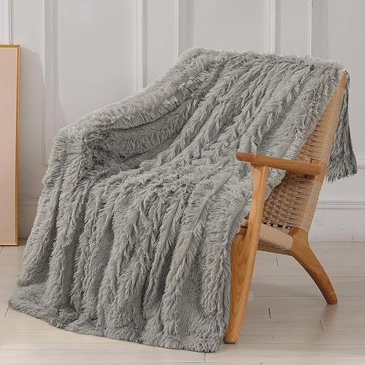 Tuddrom Decorative Extra Soft Fuzzy Faux Fur Throw Blanket 50" x 60",Solid Reversible Long Hair Shaggy Blanket,Fluffy Cozy Plush Comfy Microfiber Fleece Blankets for Couch Sofa Bedroom,Quiet Grey