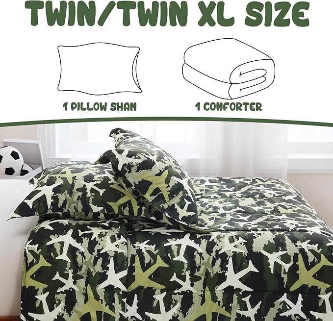 Yibeizi Airplane Comforter Set for Boys Twin, Kids Green Camouflage Printed Bedding Set with Pillow Sham, Cute Lightweight Soft Breathable Machine Washable Quilted Bed Comforter Set 2 Piece