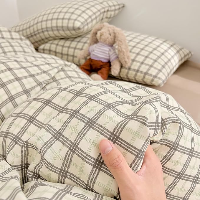 VM VOUGEMARKET Grey Plaid Duvet Cover Sets Queen,3 Pieces Checkered Comforter Cover with Zipper Closure for Men Boys Soft Muslin Cotton Bedding Set (90"x90")