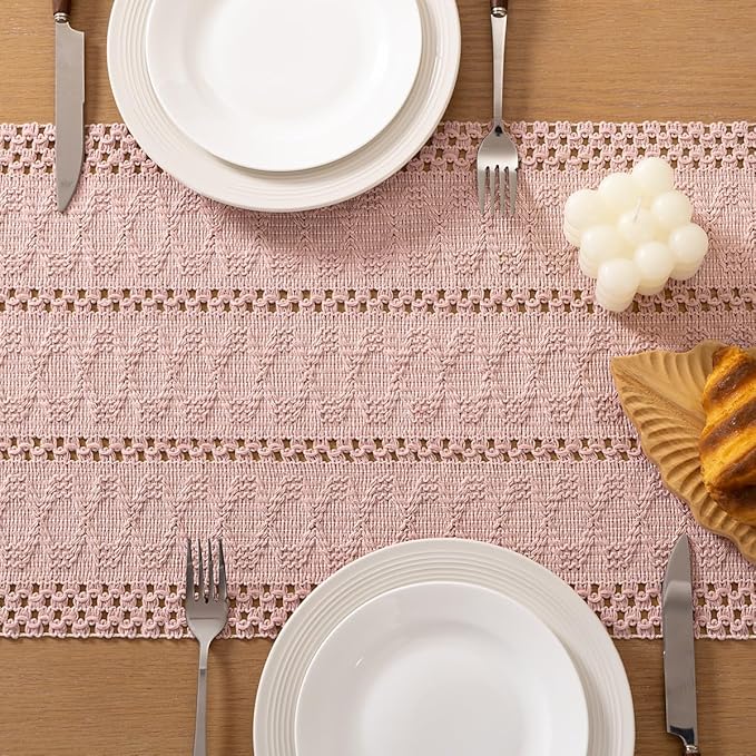 Socomi Boho Table Runner Easter Spring Farmhouse Rustic Dining Kitchen Centerpiece Decor Small Macrame Woven Cotton Linen Coffee Table Runner for Dresser Scarf Home Decor 12x60 in Pink