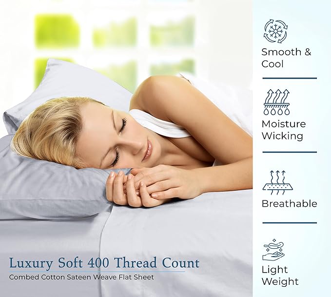 400 Thread Count 100% American Grown Cotton Flat Sheet - Cooling Sheets - Full Sheets - Luxury Sateen Weave - Full Flat Sheet Sold Separately - Soft Silver Flat Sheet Only (Full, Spanish Silver)