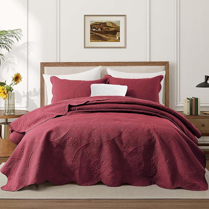 MOONLIGHT20015 8 Pack Quilt King Size Bedding (106" x 96") - Bulk Wholesale for Hotels, Guest Bedroom & Airbnbs - Lightweight Microfiber Reversible Floral Embossed Quilts Bedspreads (Burgundy)