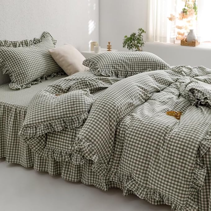 mixinni Green Ruffle Duvet Cover King Size 3 Pieces – 100% Washed Cotton, Vintage Plaid Ruffled Bedding Set with Zipper Ties, Soft Checkered Grid Farmhouse Chic Comforter Cover Set