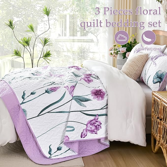 WONGS BEDDING Purple King Quilt Set, 3 Pieces Light Purple Floral Bedspread Coverlet Set, Lightweight Spring Farmhouse Cute Botanical Quilts Bedding Set (104"x90")