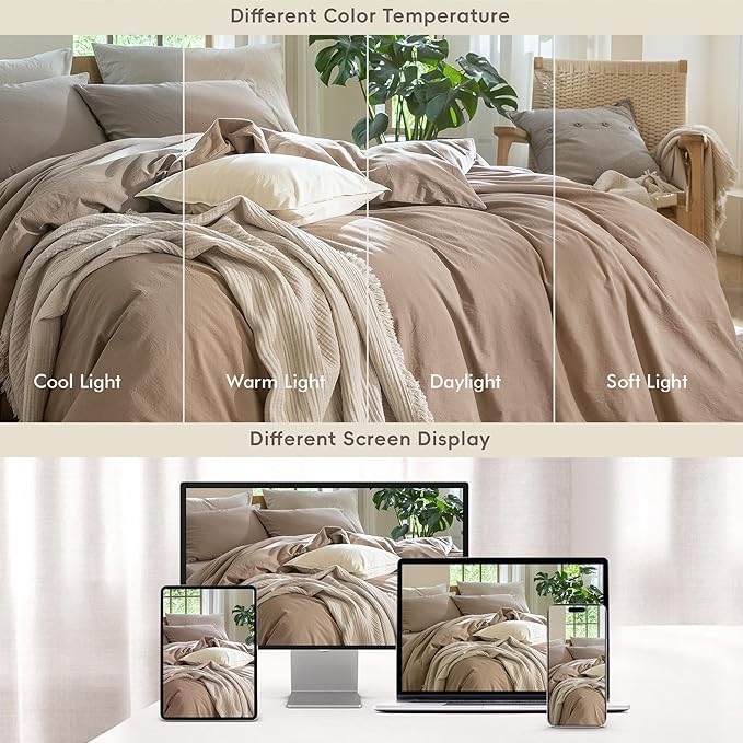 MooMee Bedding Duvet Cover Set 100% Washed Cotton Linen Like Textured Breathable Durable Soft Comfy (Solid Brown, Full 80"x90")