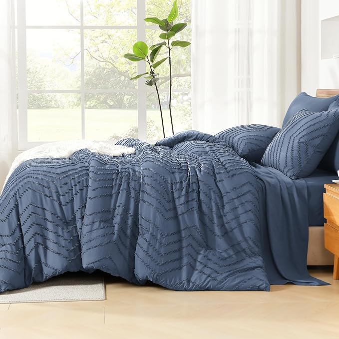 Litanika California King Size Comforter Set with Sheets Ocean Blue - 7 Pieces Bed in a Bag Cal King Chevron Tufted Complete Bedding Sets with Comforter, Sheets, Pillowcases & Shams