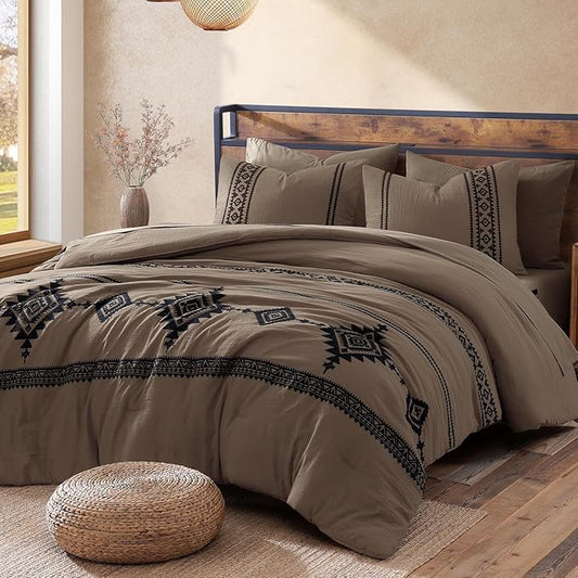 MaiRêve Embroidery Full Size Comforter Set Taupe Grey, Farmhouse Western Boho Bedding Set 7 Pieces, All Season Bed in A Bag Comforter Set with Sheets, Pillowcases & Shams