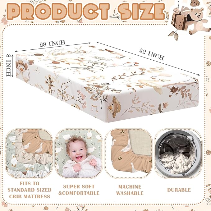 Peryiter 4 Pack Crib Sheets Girl Soft Baby Bed Sheet Set 52'' x 28" Nursery Crib Sheets for Standard Bed for Nursery Decor Baby Boys or Girls(Brown,Silly Goose)