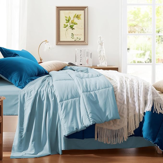 Anluoer Twin Comforter Set,Teal&Light Blue in a Bag 5 Piece,Lightweight Bedding Set with Soft Down Alternative Fill,Bed Set Includes Comforter, Fitted Sheet, Flat Sheet,Pillowcase and Sham