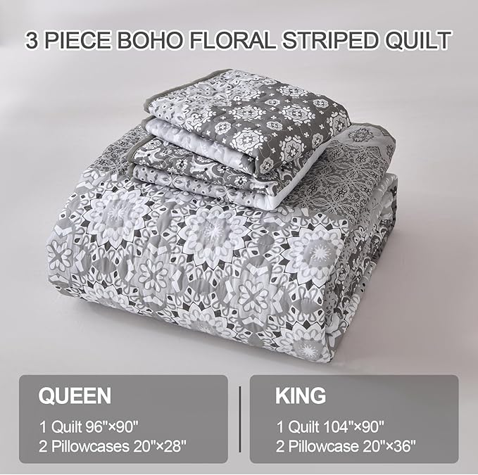 WONGS BEDDING Grey Boho Quilt Queen Set,Bohemian Floral Striped Patchwork Bedspread Coverlet Set with 2 Pillowcases,Lightweight Microfiber Bohemian Bedding Set Queen 96"×90"