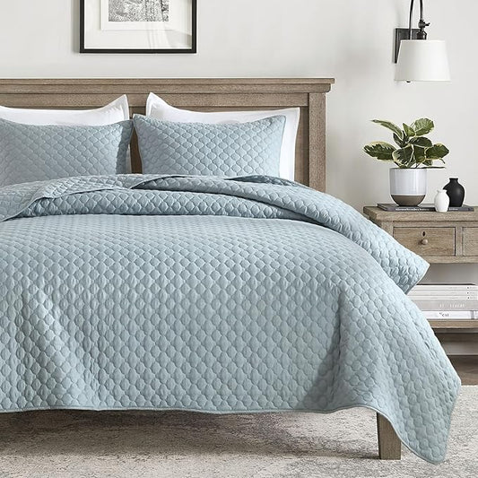 HORIMOTE HOME Quilt Twin Size Chambray Blue, Lightweight Quilt for Summer Ultra-Soft Microfiber Modern Style Quilted Clouds Pattern Bedspread Quit Set 2 Pieces (1 Quilt and 1 Pillow Sham)