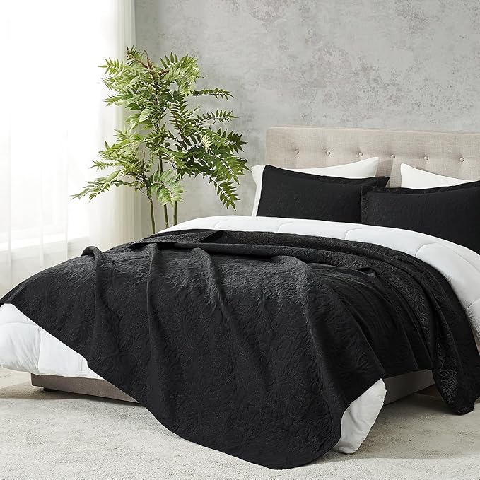 Hansleep Black Quilt California King Size - Baroque Ultrasonic Summer Bedspread California King, Soft Lightweight Coverlet Bedding Set, 3 Pieces (1 Quilt, 2 Pillow Shams)