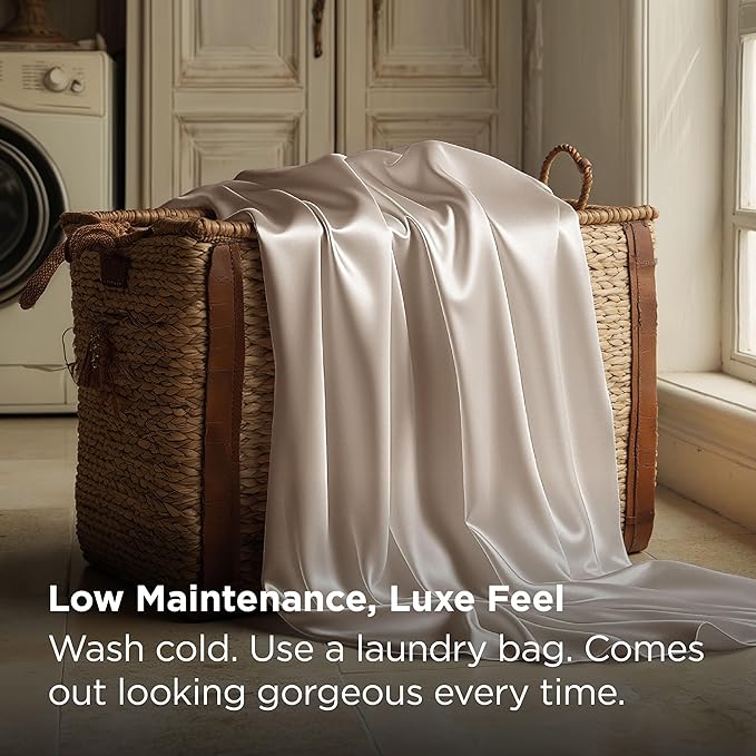 Bedsure Satin Sheets Queen Size - 4 Piece Silky Bedsheets with Elastic Corner Straps and 15 Inches Deep Pocket Fitted Bedsheet,1 Flat Sheet, 2 Satin Pillowcases, Good for Hair & Skin (Queen, Beige)