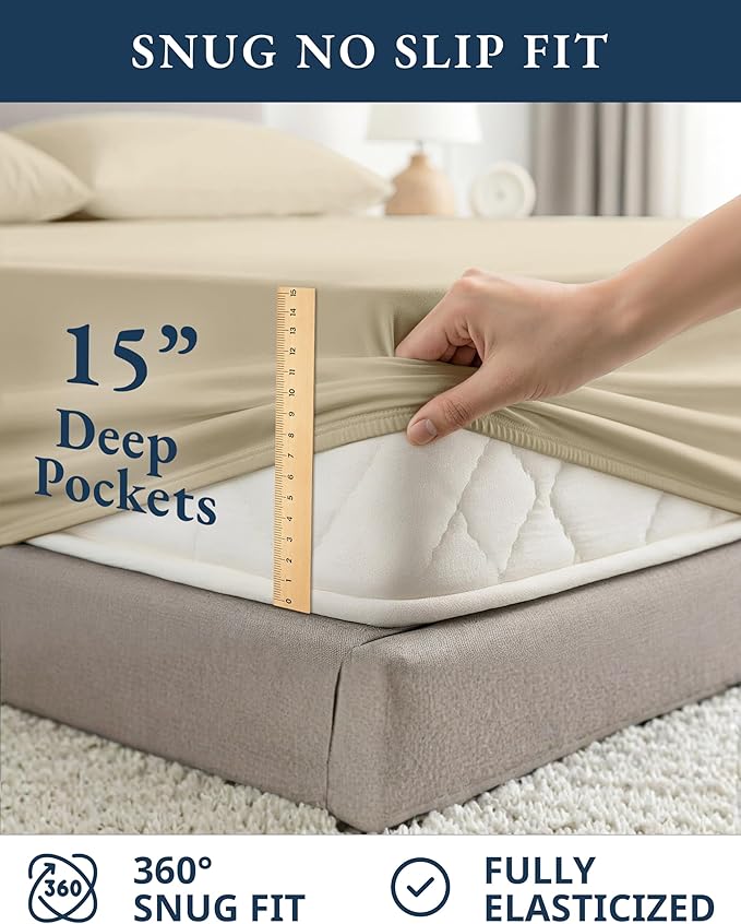 LANE LINEN 100% Organic Cotton Bed Sheets King Size, Fully Elasticized Reinforsed Seams in Fitted Pocket, Machine Washable Naturally Cooling All Season King Sheet Deep Pocket Bedding- Linen