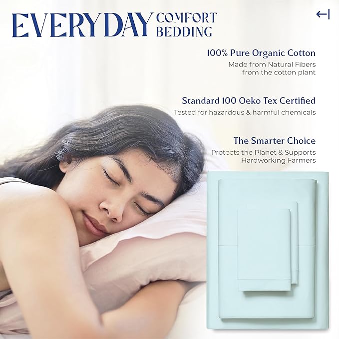 Mayfair Linen 100% Organic Cotton Sheets Full Size - 4 PC Organic Cotton Full Size Percale Weave Sheet Set, Soft, Cooling, Crisp & Breathable, 16" Deep Pocket Hotel Quality Bedding Set - Sea Foam