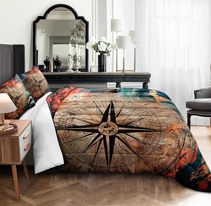 Bedbay Nautical Compass Bedding Comforter Set 4 Pcs Vintage Ocean Bedding for Boys Teen Adults Soft Cozy Lightweight Quilted Comforter for All Seasons 1 Comforter 2 Pillowcases 1 Cushion Cover