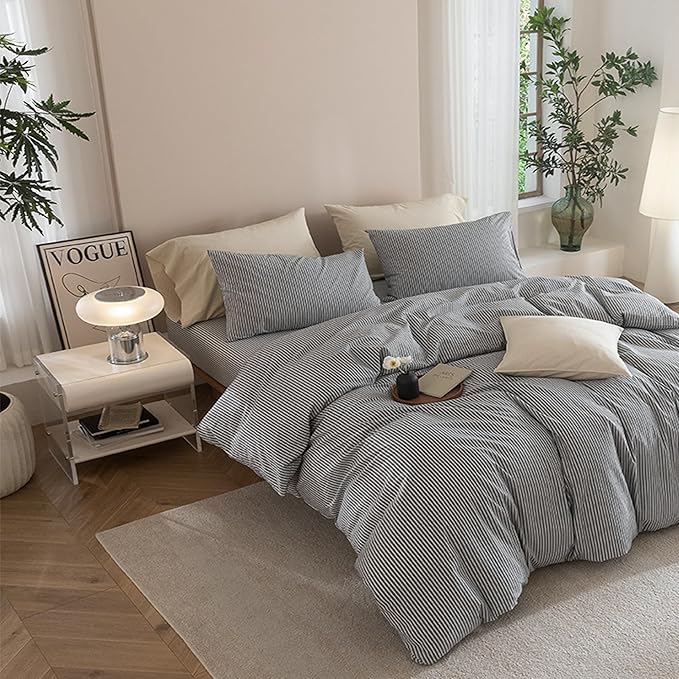 JIYUAN 100% Washed Cotton Striped Duvet Cover Set 3 Pieces Cal King,1 Duvet Cover and 2 Pillowcases(Comforter Not Included),Linen Like Comfy and Breathable,Pinstripes - Dark Grey White