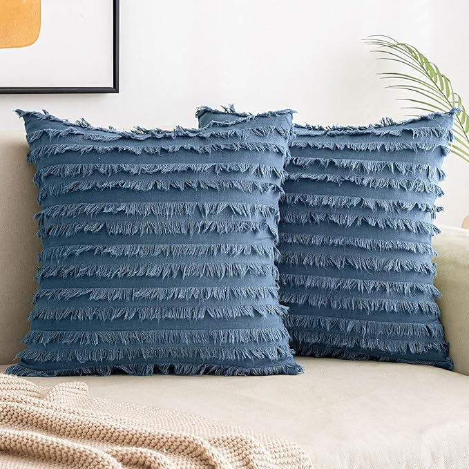 MIULEE Set of 2 Decorative Boho Throw Pillow Covers Linen Striped Jacquard Pattern Cushion Covers for Sofa Couch Living Room Bedroom 18x18 Inch Dark Blue
