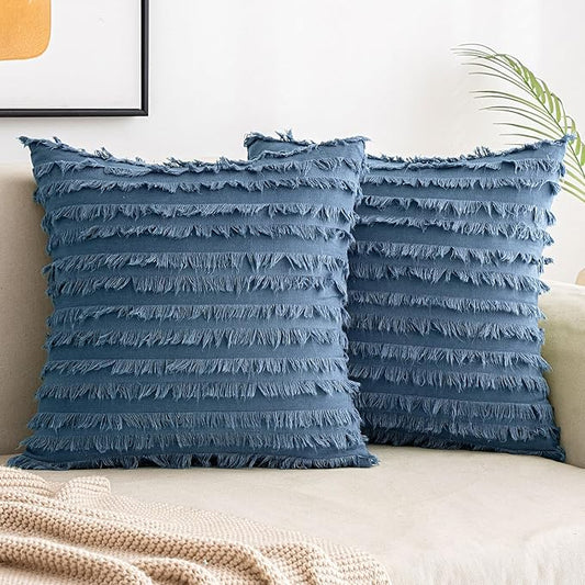 MIULEE Set of 2 Decorative Boho Throw Pillow Covers Linen Striped Jacquard Pattern Cushion Covers for Sofa Couch Living Room Bedroom 18x18 Inch Dark Blue