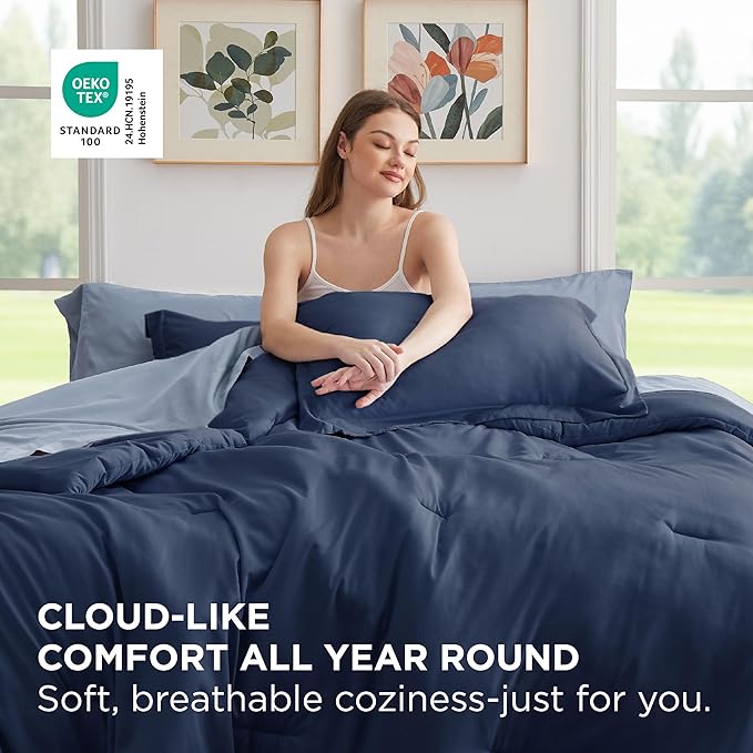 Bedsure Twin Comforter Set - 5 Pieces Navy Twin Bedding Set for All Seasons, Boho Contrasting Design Bed in a Bag with Comforter, Sheets, Pillowcase & Sham
